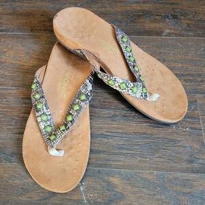 Vionic Orthaheel Floridian Flip Flop Sandal Beaded Tan Green Orthopedic 10